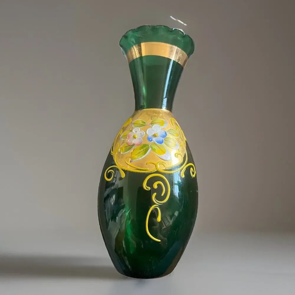 Vintage Green Glass Bohemian Hand Painted 6”T x 2.5